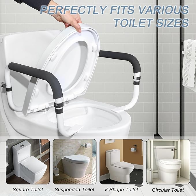 Toilet Safety Rail, Safety Frame for Toilet Seat, Toilet Grab Bar with Adjustable Width for Seniors Supports 350lbs (Black and White)
