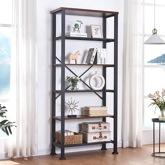 HOMBAZAAR 6 Tier Bookshelf,Grey Industrial Book Shelf,Engineered Wood and Metal Deep Bookshelves,Low Shelf Bookcase for Living Room,Office,Bedroom and Kitchen