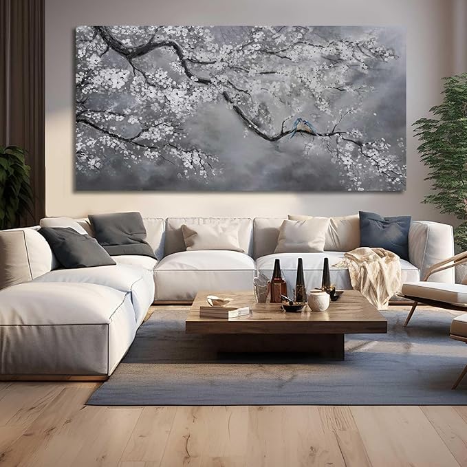 Artexist Canvas Wall Art/Grey Wall Decor 29"x58"/ Plum Blossom Oil Paintings/Large Artwork Wall for Living Room Bedroom Office Kitchen Home Decoration