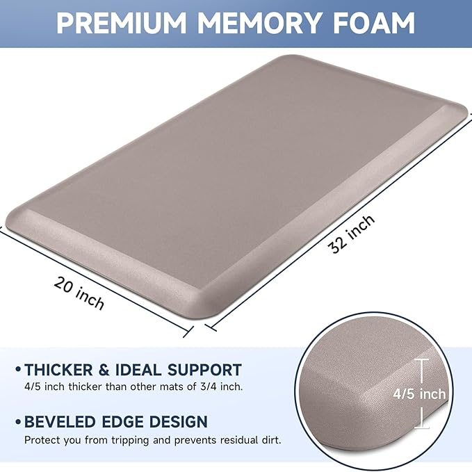 4/5 Inch Thick Kitchen Mats for Floor, StepRite Kitchen Rug for Standing Desk, Non-Slip, Thicker, Stain & Water Resistant, Comfort Anti Fatigue Floor Mat for Home, Kitchen, Office - Khaki,32 * 20''