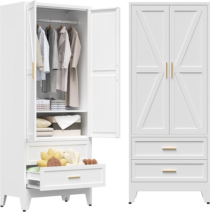COFaR 71 Farmhouse Metal Wardrobe Closet with Hanging Rod