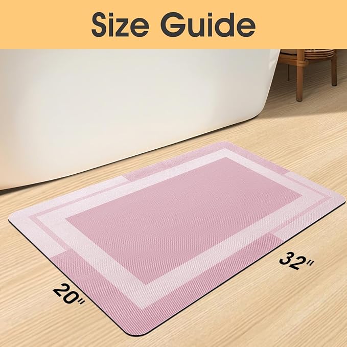 Ultra Thin Bath Mat, Upgrade Backing Non Slip Thin Bath Mats Fit Under Door, Quick Dry Ultra Absorbent Bathroom Rugs, Machine Washable Bath Rugs for Bathroom, Bathtub & Kitchen, Pink/Bordered/32"x20"