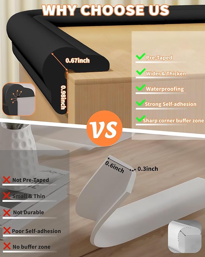 Edge Protector for Baby Proofing, 6.6FT 0.67’’Th L-Shape Air Buffering Soft NBR Rubber Foam Furniture Edge Bumper Guards with 6 Corners, Pre-Taped, Thick Table Bumper Guard for Babies (Black)