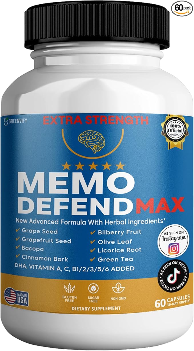 Memo Defend Max Memory Support Supplement, 60 Capsules, with Vitamins A C D E B Complex, DHA, Bacopa, Grapefruit Seed (1)