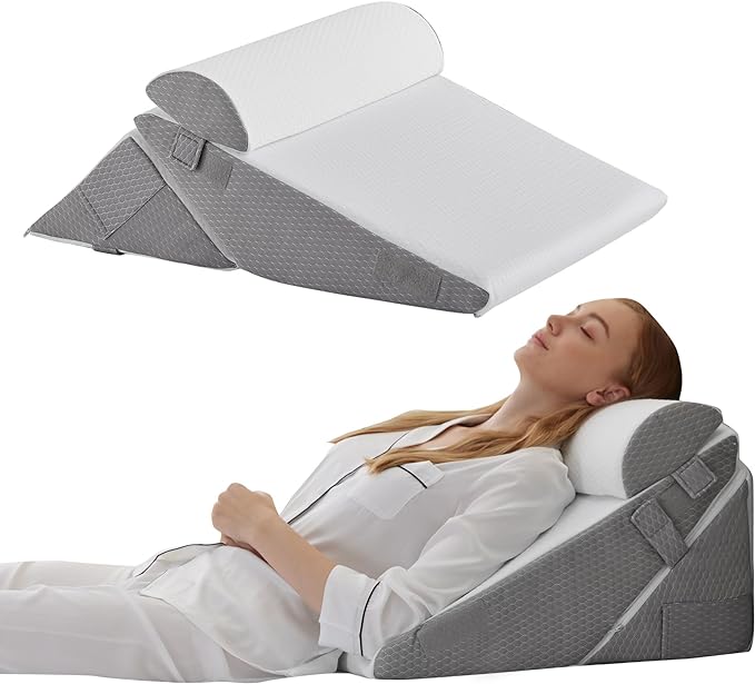 Bedluxe Wedge Pillow Headboard, 3PCS Orthopedic Bed Wedge Pillows Set for After Surgery, Adjustable Pillow Wedge for Acid Reflux&Back Pain Relief, Sleeping, Back Pillow for Bed Sitting Up, White/Grey