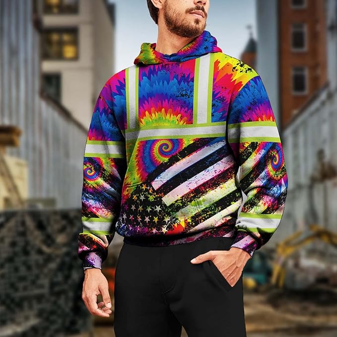 US Flag High Visibility Hoodie for Men Reflective Hoodie Safety Workwear for Worker Runner Patriotic ACC02