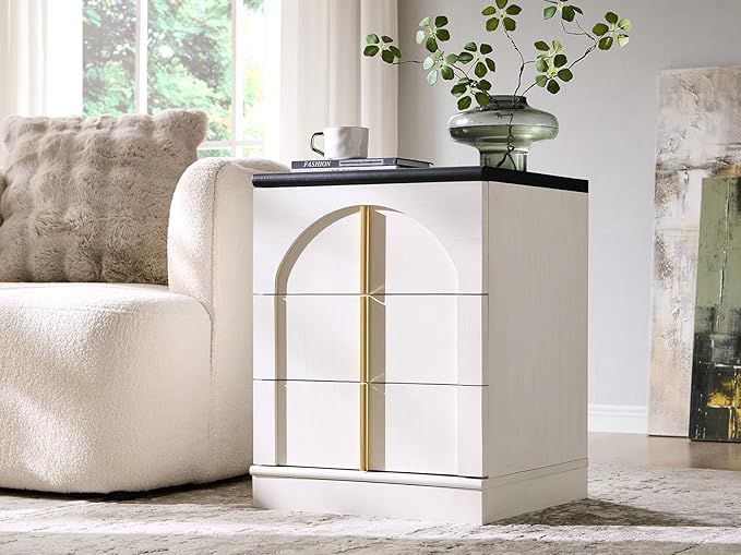 ACCOHOHO Modern Night Stand Set 2 with Arched Panel, 18" Nightstand with Charging Station, Side Table with 3 Storage Drawers, Wood Square Bedside End Table for Bedroom Living Room, White
