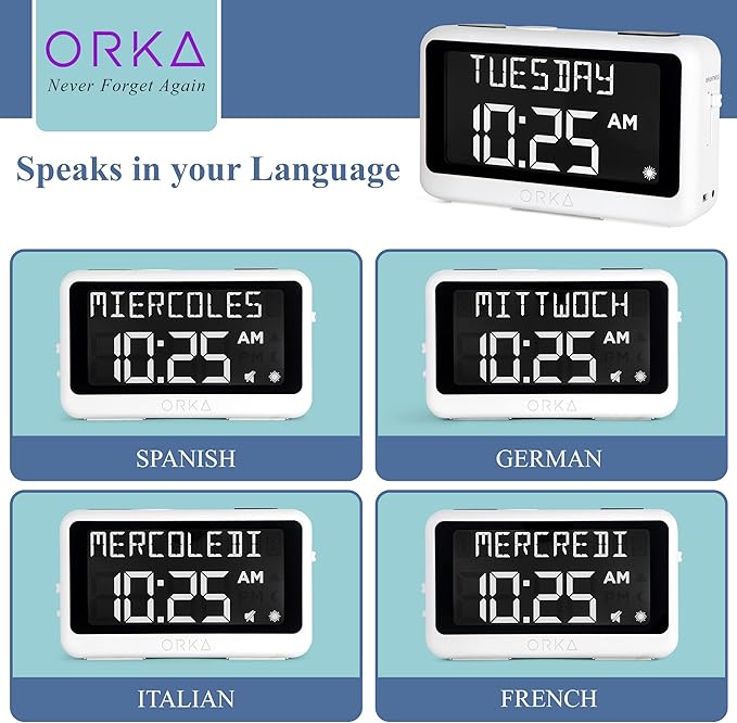 ORKA Talking Clock. Voice Recordable Ex Large Medication Pill Reminder. Talking Alarm Clock for Dementia, Hearing, Visually impaired Seniors-Digital Day Clock with Multiple Customized Alarms White