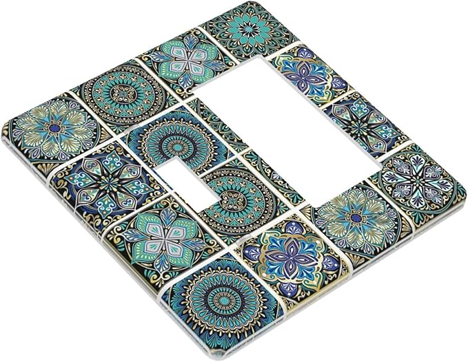 Outlet Covers Mandala Decorative Rustic Vintage Turquoise Pattern 1 Toggle 1 Rocker Combination Decorative Wall Plate Electrical Switch Plates Light Switch Cover Plate for Bedroom Bathroom
