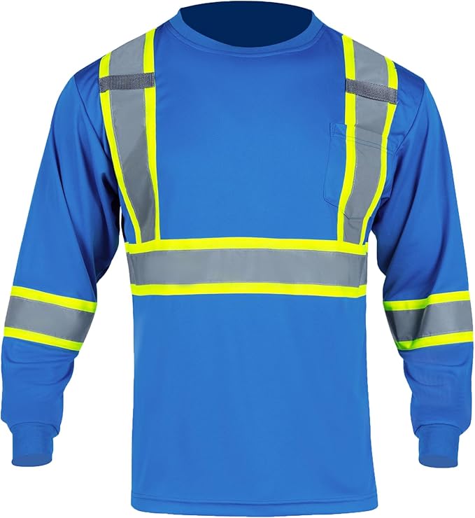 FONIRRA Hi Vis Shirts for Men Reflective ANSI Class 2 Safety Long Sleeve High Visibility Work Construction T Shirts Blue