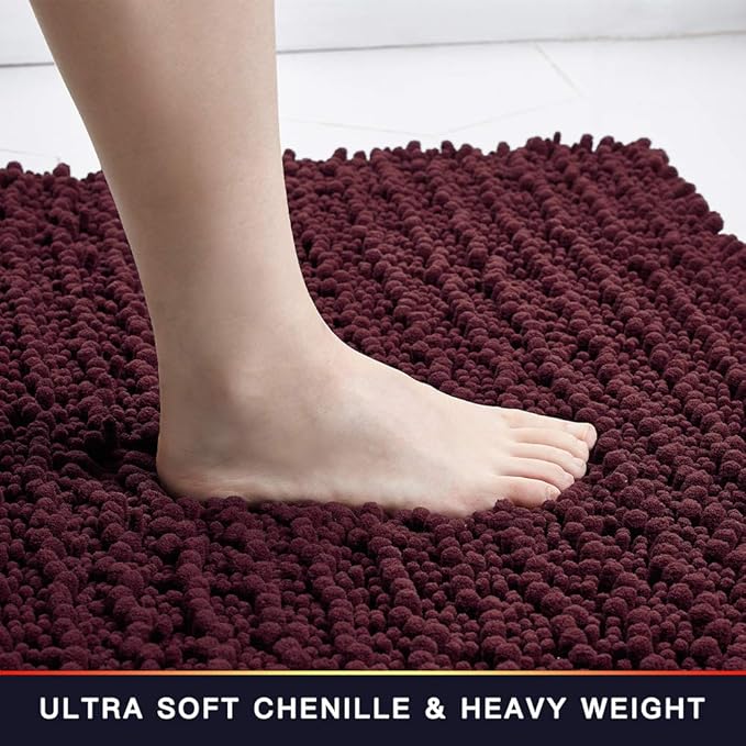 Walensee Bathroom Contour Rug Non Slip Toilet U Shaped Bath Mat (20x24, Burgundy) Water Absorbent Super Soft Shaggy Chenille Machine Washable Dry Extra Thick Perfect Absorbant Best Plush Carpet