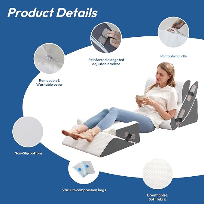 6PCS Wedge Pillow Set for After Surgery, Bed Wedge Pillow Post Surgery, Wedges Pillows for Back Pain Relief, Acid Relux, Sit Up Pillow for Beds, Beds Wedges & Body Positioners, White/Grey