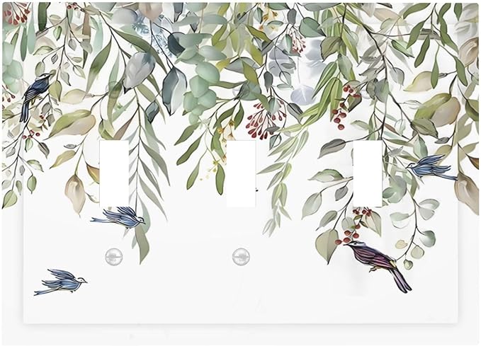 Green Leaf Eucalyptus Leaves Floral Bird Butterfly Decorative Switch Plates 3 Gang Wall Plate Triple Toggle Light Switch Cover Faceplate Electrical Wall Panels for Bed Room Living Room Decor