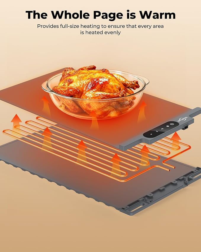 Electric Warming Mat for Food - Full Surface Fast Heating Silicone Tray with 3-Level Temperature, Auto-Off, Raised Feet for Table Protection, Versatile Warmer for Gatherings,Party,Home Buffet