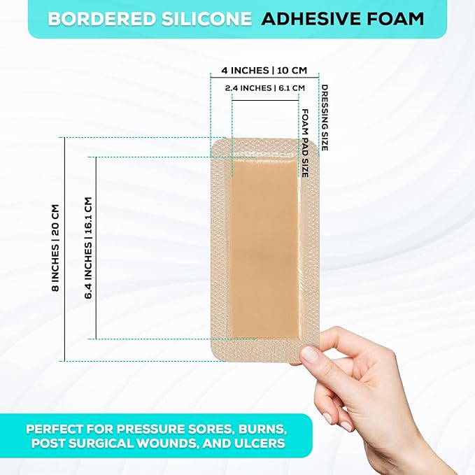 MedVance Bordered Adhesive Silicone Foam Dressing Pack of 5 - Waterproof Silicone Pad - Easy Apply & Remove Sterile Bandages - Wound Care & Dressings for Burns & More (4”X8” Bandage, 2.4"x 6.4" Pad)