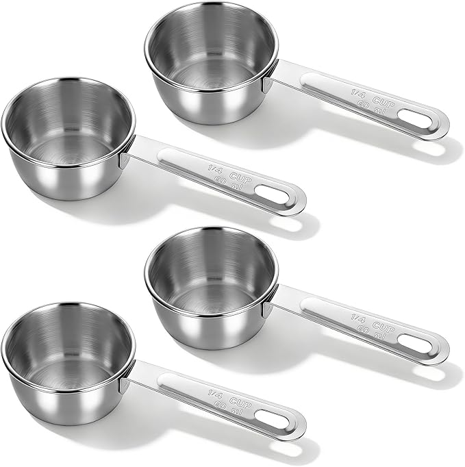 4 Pcs 1/4 Cup Measuring Cups, 1/4 Cup Scoop, 60ml 2oz Stainless Steel Measuring Cups Kitchen Gadgets Metal Measure Scoop for Cooking & Baking, Dishwasher Safe
