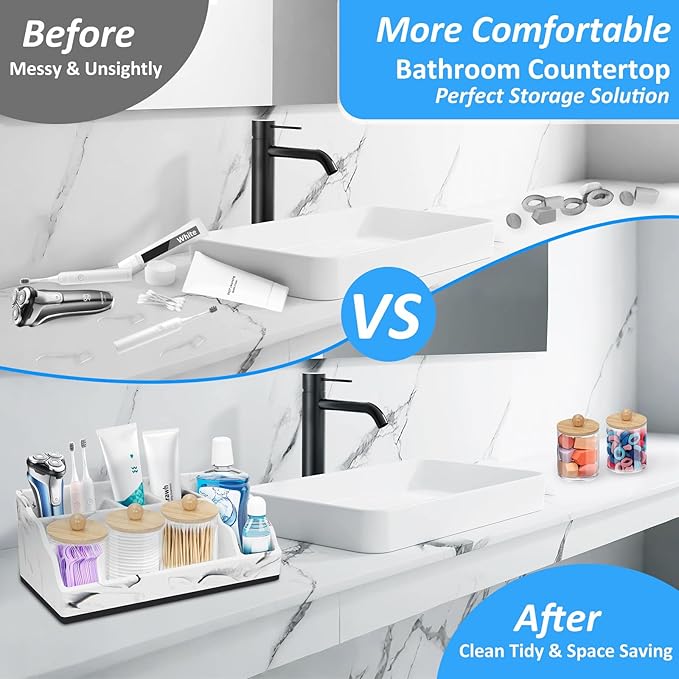 Marble Toothbrush Holder for Bathroom Organizer Countertop, Toothbrush Organizer with 3PCS Qtip Holder Dispenser, Toothbrush and Toothpaste Holder for Bathroom Counter Organization Storage Vanity