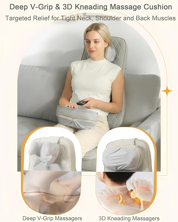 Shiatsu Neck and Back Massager for Chair: 4D Kneading, 3D Rolling, Adjustable Neck Height, Back Massager Relieves Fatigue Deep Tissue Massage - Gifts for Men & Women