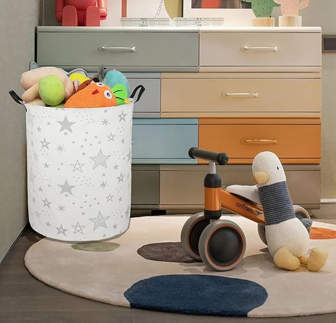 19.7 Inch Round Laundry Clothes Hamper Laundry Basket with Handles,Storage Organizer Bins Laundry Gift Basket for Room, Bedroom Decor (Grey Star)