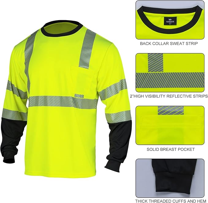 VENDACE Safety Reflective Hi Vis Long Sleeve Shirts for Men ANSI Class 3 High Visibility Construction Work T Shirts (Yellow,L)