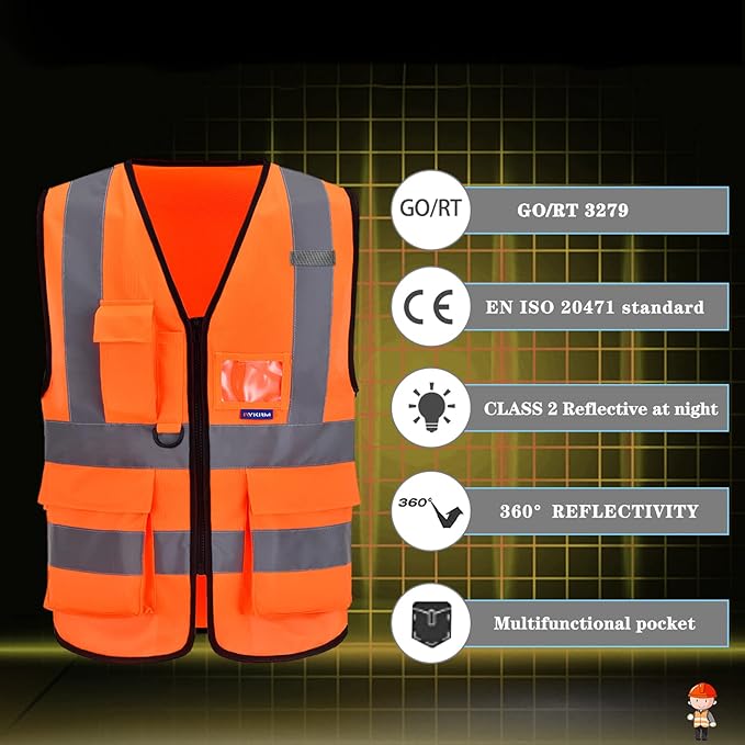 A-SAFETY Orange High Visibility Safety Vest Reflective,3M Multi Pockets Working Vest Working Uniform Zipper Front ANSI/ISEA Standards 7 Pockets Class 2,Large