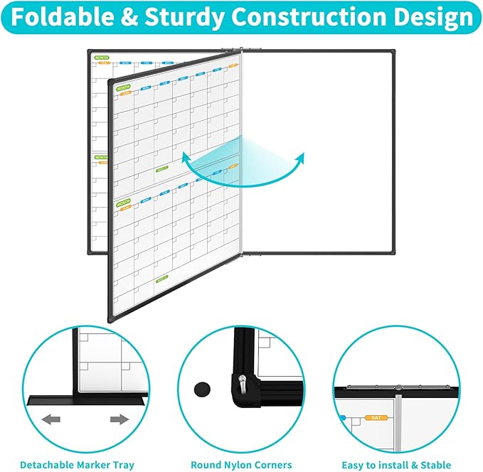 JILoffice Magnetic Foldable Dry Erase Calendar Whiteboard Combo, 2 Month Calendar Board & White Board 60 X 40 Inch, Black Aluminum Frame Wall Mounted Board for Office Home and School