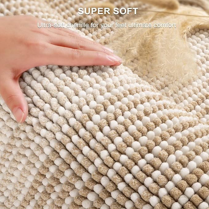 BSICPRO Bathroom Rugs Sets 3 Piece, Toilet Rugs U-Shaped Contour Bath Mat Set, Long Striped Absorbent Non Slip Chenille Shower Mat, Beige