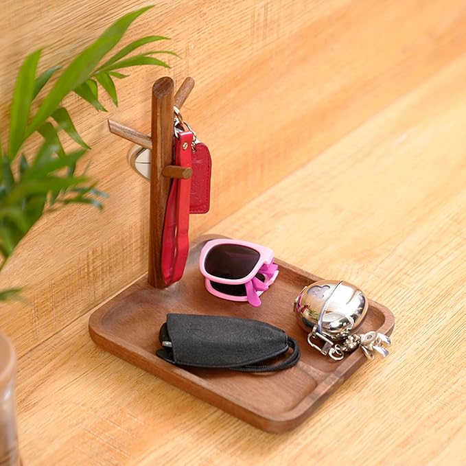 Wooden Key Holder with Tray, Multifunctional Key Chain Display Stand & Key Tray for Entryway Table, Rustic Home Organizer