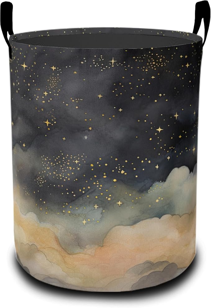 Laundry Basket,Night Sky Stars Clouds Large Canvas Fabric Lightweight Storage Hamper Organizer Dirty Clothes Collapsible Waterproof for College Dorms,Bathroom
