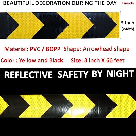 Reflective Tape Yellow Black 3 inch X 66 feet, Outdoor Waterproof Hazard Conspicuity Warning Industrial Marking Tape