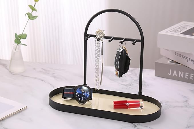 Shinpuru Metal Jewelry Organizer Stand & Key Holder Tray with Acrylic Base, Key Stand and Jewelry Tray with 5 Hooks, Perfect Key Bowl, Valet Tray, Ring Holder, Jewelry Dish (Matt Creamy)