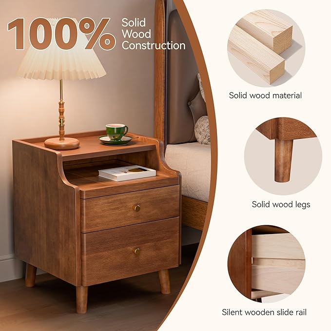Nightstand with Drawers, Pre-Assembled, 19.7" H Natural Solid Wood Night Stand with Open Sliding Shelf, Mid Century Modern Small Bedside Table Cabinet for Bedroom, End Side Table, Walnut