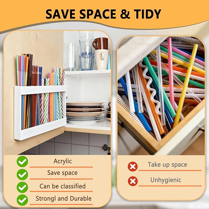 9.5" Large Acrylic Straw Holder for Cabinet Door-Reusable Tumbler Straw Organizer Storage,Small Kitchen Organizers and Storage Accessories Container, Ultra Sticky Cupboard Door Mounted(White)