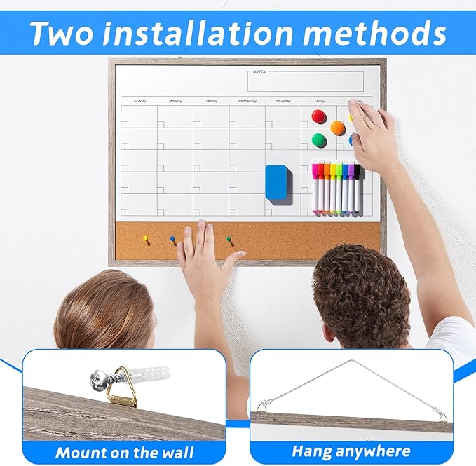 Dry Erase Calendar Whiteboard, 24" x 18" Magnetic Whiteboard Cork Board Combo, Reusable Monthly Planner with 8 Markers, Eraser, Magnets and Pushpins, Hanging Dry Erase Board for Home, School - Gray