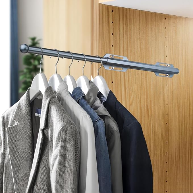 Valet Rod for Closet Pull Out, 12" Adjustable extending closet rod, Standard Retractable closet rod organization rack, Valet Clothing Hanger Rods Extender for Wardrobe Laundry (Blue-Gray Phantom)