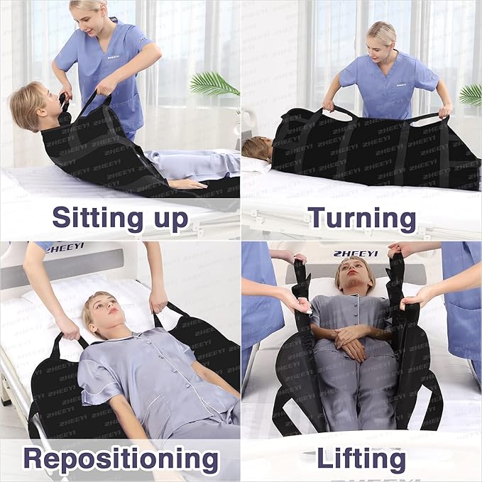 Positioning Bed Pad with Reinforced Handles 43" x 36" Patient Transfer Sheet Aid Assistant for Body Lifting, Turning, Repositioning, for Elderly, Incontinence, Caregiver, Black