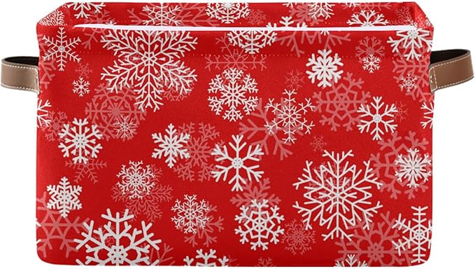 Christmas White Snowflakes on Red Storage Basket Cube Storage Bins Organizer Bag Collapsible Closet Shelf Baskets with handle for Cloth Book 14.2×10.2×8.3 IN