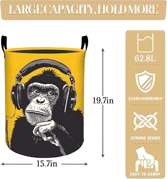 Funky Monkey with Headphones Laundry Basket, Dorm Nursery Foldable Laundry Hamper Organizer for Bathroom Decor, Toy Clothes Storage Box for Bedroom 19.7x15.7 Inch