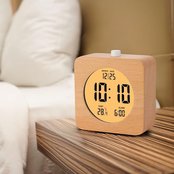 Plumeet Wooden Digital Alarm Clock for Bedrooms, Wood 4'' Battery Powered Alarm Clock with Snooze and Nightlight, Electronic LCD Desk Clock Display Time, Date, Temp, 12/24H, Wood Décor, Square, Brown