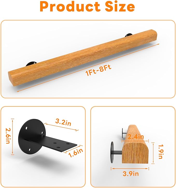 7FT Wood Stair Handrails Wall Mount, Hand Railings for Stairs Indoor Outdoor, Non-Slip Staircase Handrail for Corridor, Lofts, Patio, Kindergarten Guardrail (Size: 7ft)