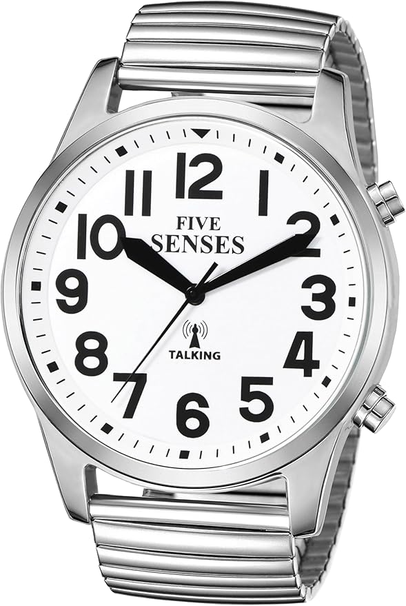 FIVE SENSES English Atomic Jumbo Size (43mm /1.75in) Metal Talking Watch with Loud Alarm Clock for Visually impaired, Elderly Person 1523 (White)
