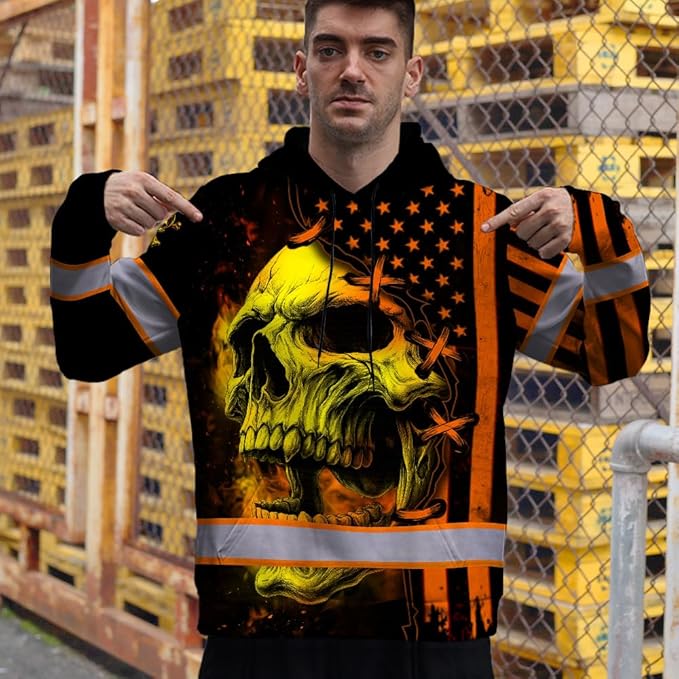 Matedecor Skull US Flag Reflective High Visibility Hoodie For Men Construction Hi Vis Safety Workwear Custom Name