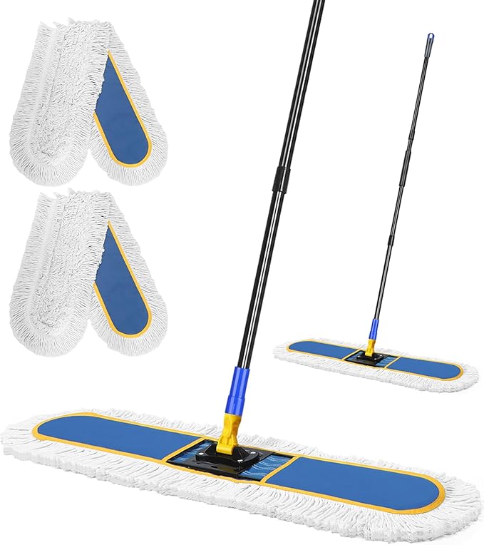 CLDREAM 24" Commercial Dust Mop for Floor Cleaning with 2 Replacement Mop Head, Large Industrial Push Broom Mops with 60" Long Handle,Wet Dry Floor Duster for Concrete Hardwood Tiles Marble Floors