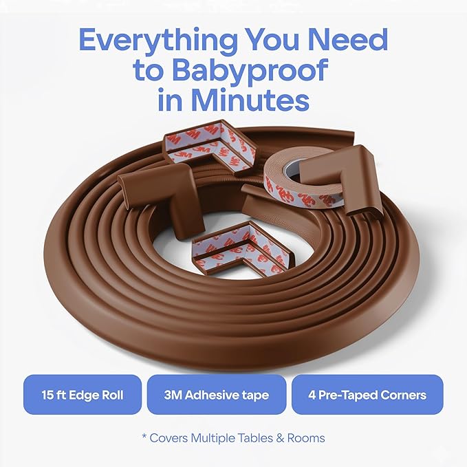 Furniture Edge 16.2ft & Corner Guards | Protective Foam Cushion | 15ft Bumper 4 Adhesive Childsafe Corners | Baby Child Proofing Foam Set and Safe for Table, Fireplace, Countertop | Brown