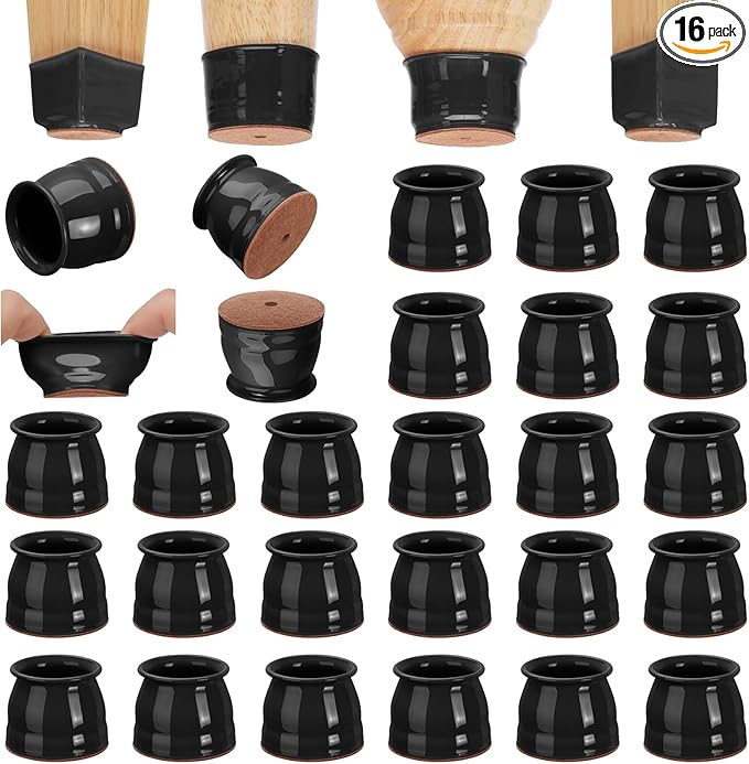 CHUNZEXI 16 Pack Chair Leg Floor Protectors for Hardwood Floors, Silicone Felt Covers Pads Caps, Protect Wood Furniture Feet Floors Noise Reduce and Scratch (Universal Large & Black)