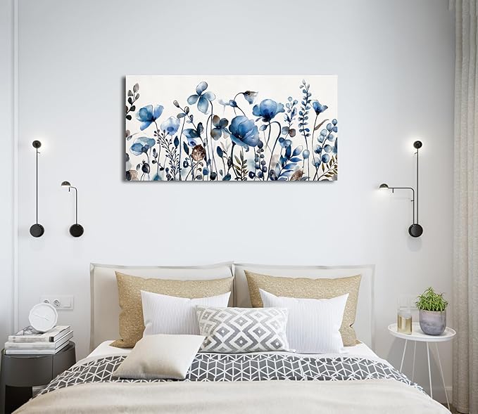 VEAEE Floral Wall Art, Abstract Indigo Flowers Canvas Pictures, Living Room Wall Decor, Modern Landscape Painting, Botanical Grass Artwork for Bedroom Bathroom Kitchen Office Wall Decor 20"x 40"