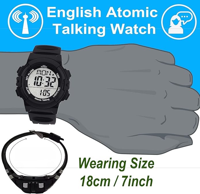 Five Senses Atomic English Talking Watch for Seniors Men and Women Talking with Day-Date Loud Alarm Clock Visually Impaired (Black)