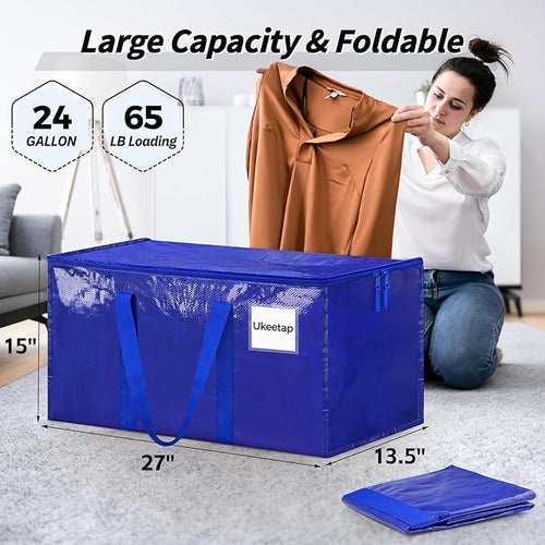 16 Pack Extra Large Heavy Duty Moving Bags, Blue Storage Bins with Lids, Reinforced Handles & Heavy-Duty Zippers Moving Boxes Storage Bags Totes for Clothes Packing, Dorms, College Supplies, Blue