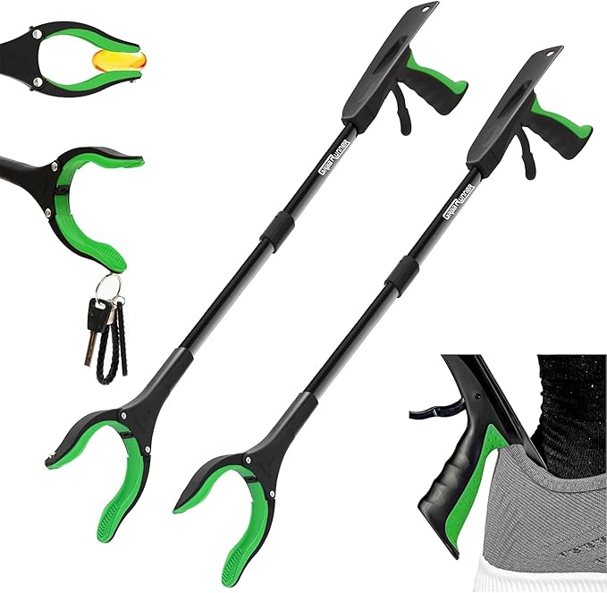 2 Pack 32 inch GrabRunner Folding Reacher Grabber Tool with Strong Magnetic and Swivel Head &Shoehorn (Green Green)