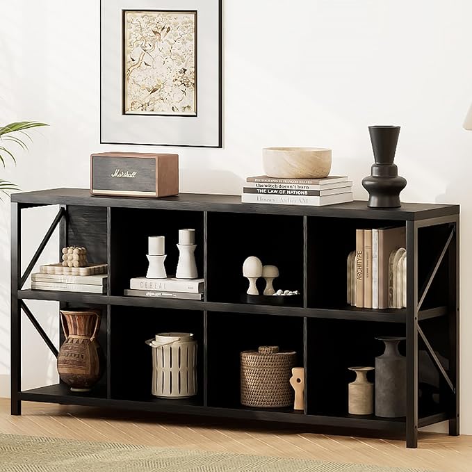 8 Cube Storage Organizer Bookshelf, Industrial Horizontal Bookcase, Accent Cubby Shelf, Media Console Table for Living Room, Home Office, 13.6" D x 63" W x 30.9" H, Black